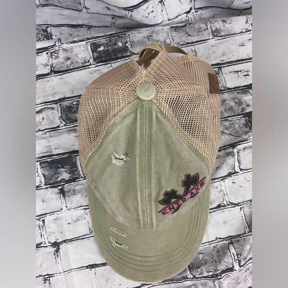 C.C. Crisscross Band Ponytail Hat ENID AXE Distressed Tan Cap - Picture 5 of 8